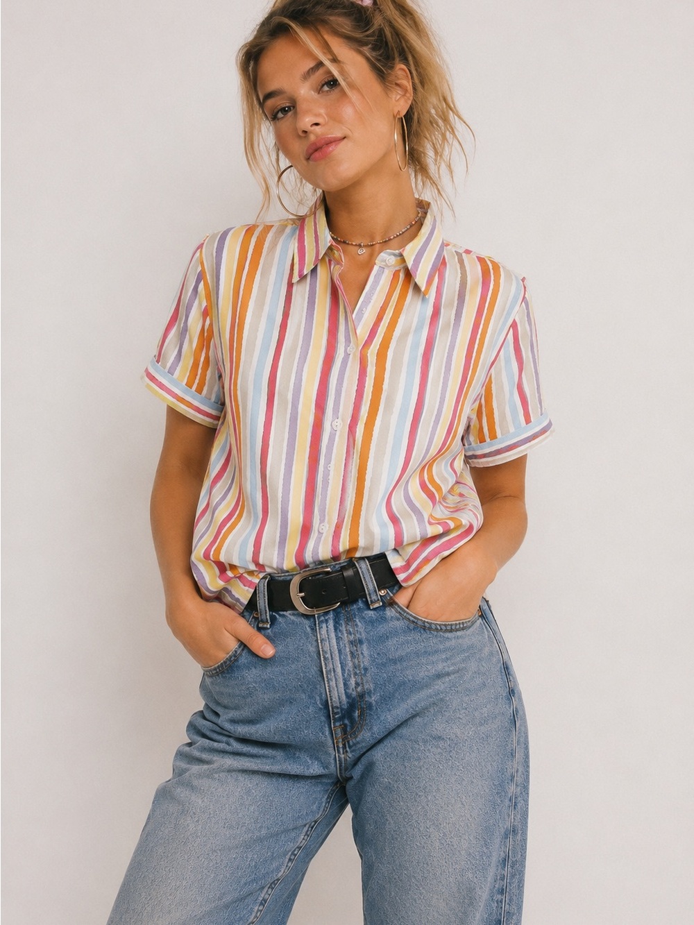 Coldwater Creek Rainbow Stripe Button-up Shirt Cotton Womens 6 Petite Retro 90s